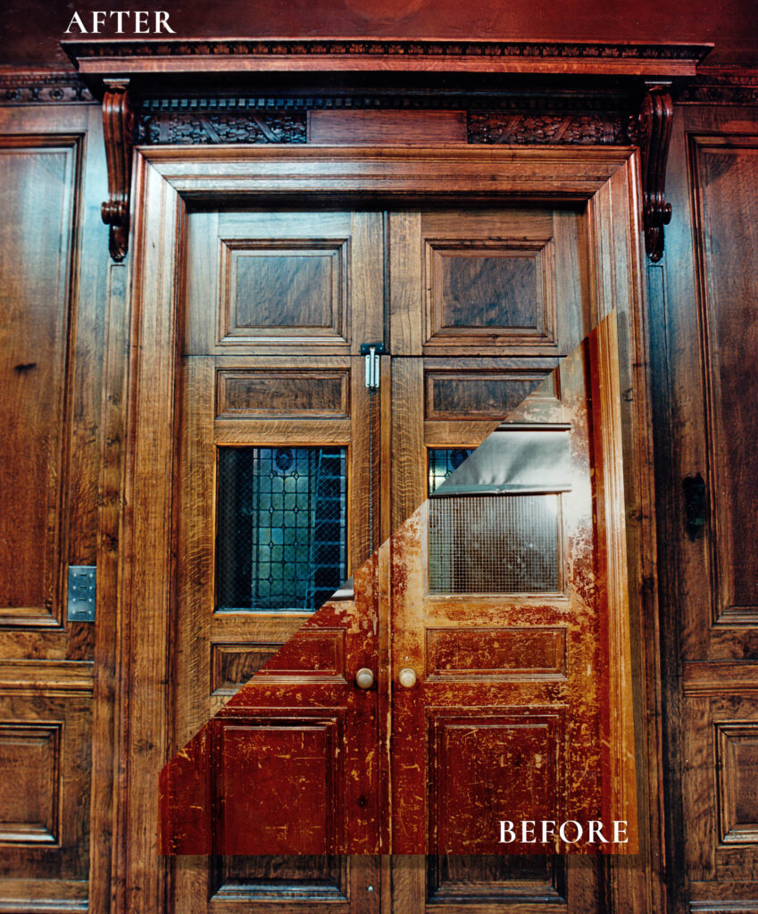 Historic carved wood double doors shown before and after refinishing, split diagonally